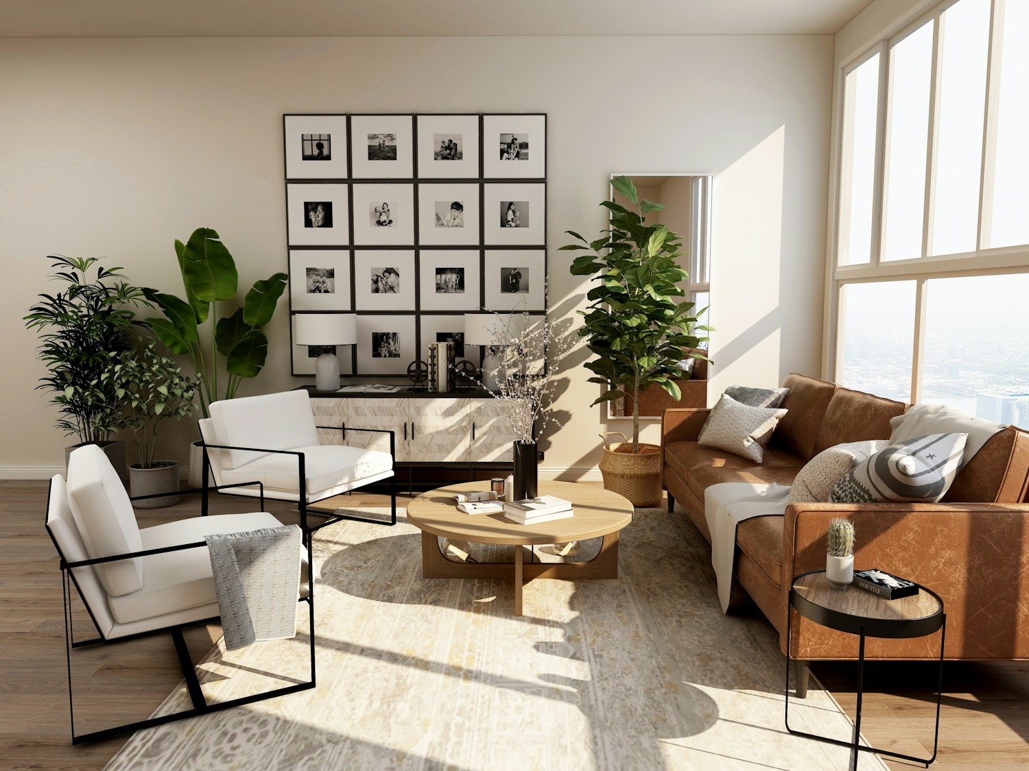 Illustrative sunlit living room with warm wood, comfortable seating, and greenery