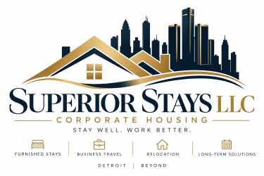 Superior Stays LLC logo. Stay well. Work better. Detroit and beyond.